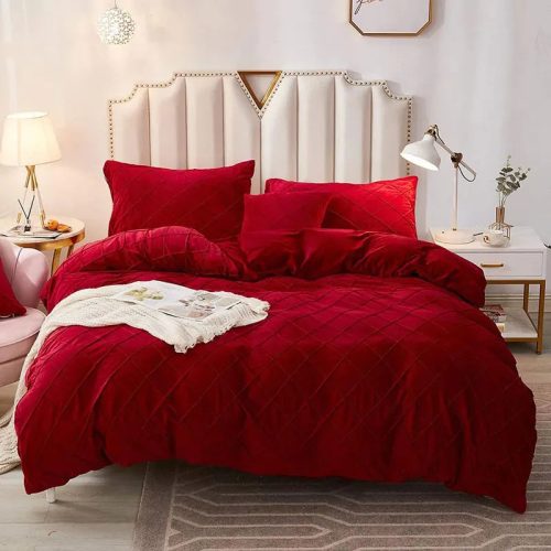 Velvet Pinch Pleats Duvet Set Red